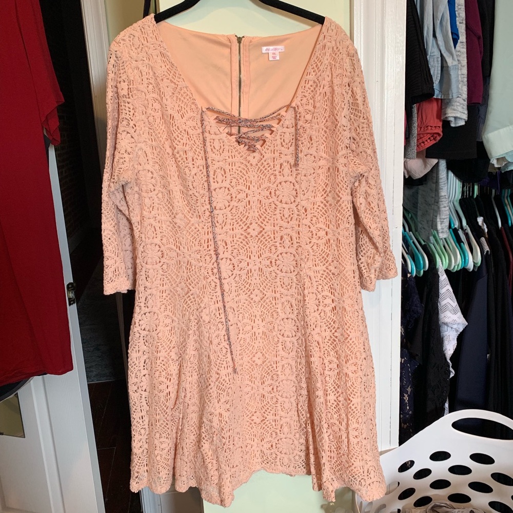3/4 length sleeve peach lace swing dress